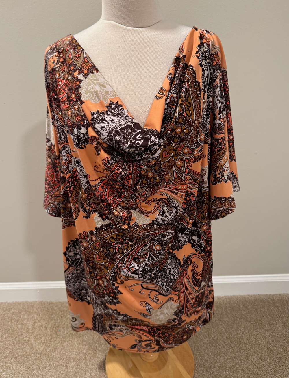 Avenue 26/28 Top Paisley Cowl Neck Rhinestone Flutter Sleeve Blouse Plus Size 3X